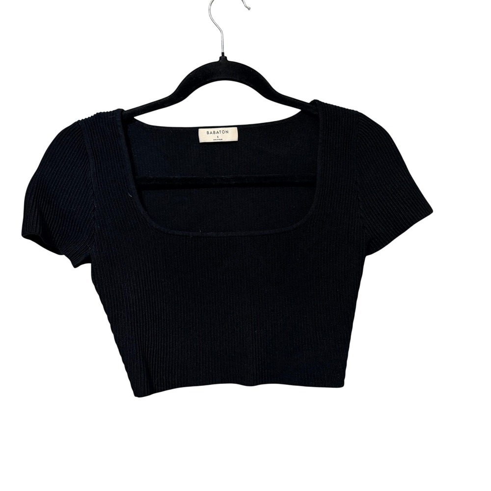 Babaton Aritzia Black Ribbed Square Neck Crop Top Short Sleeve Small 92536